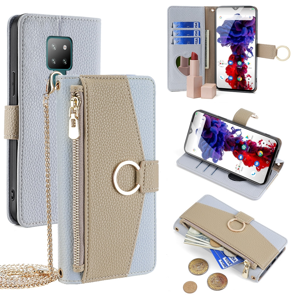 Cubot P30 Crossbody Phone Case with Litchi Texture Leather, Adjustable Kickstand, Card Slots, Zipper Purse, Makeup Mirror, and TPU Protection