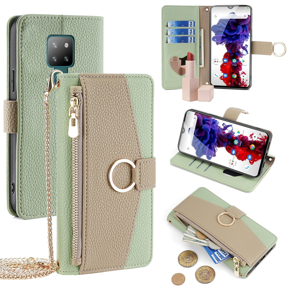 Cubot P30 Crossbody Phone Case with Litchi Texture Leather, Adjustable Kickstand, Card Slots, Zipper Purse, Makeup Mirror, and TPU Protection