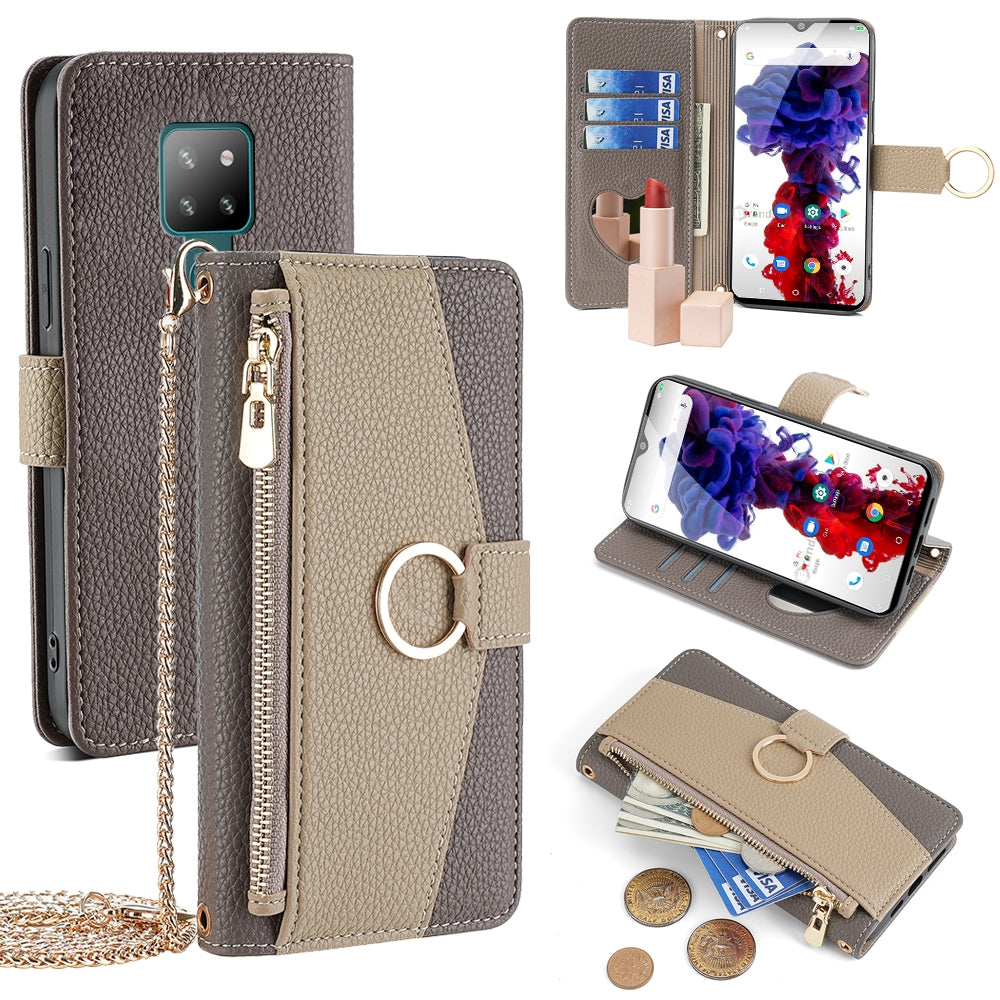 Cubot P30 Crossbody Phone Case with Litchi Texture Leather, Adjustable Kickstand, Card Slots, Zipper Purse, Makeup Mirror, and TPU Protection