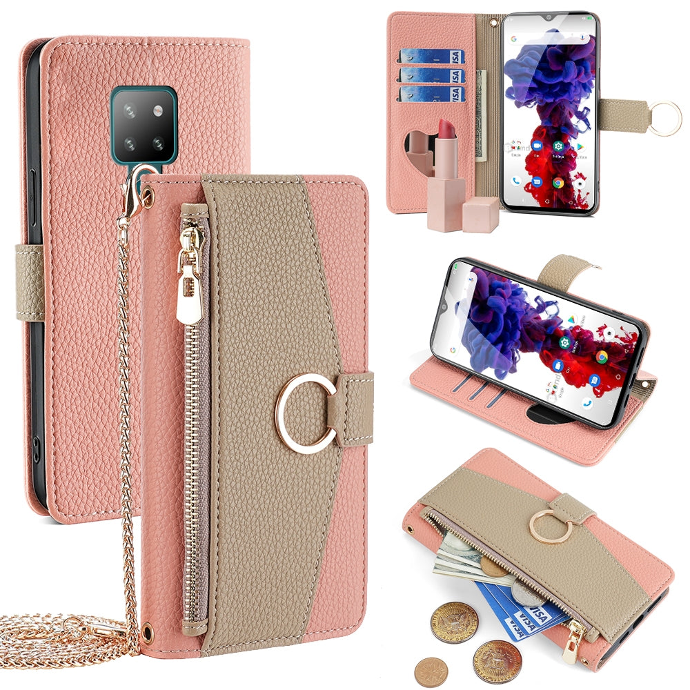 Cubot P30 Crossbody Phone Case with Litchi Texture Leather, Adjustable Kickstand, Card Slots, Zipper Purse, Makeup Mirror, and TPU Protection