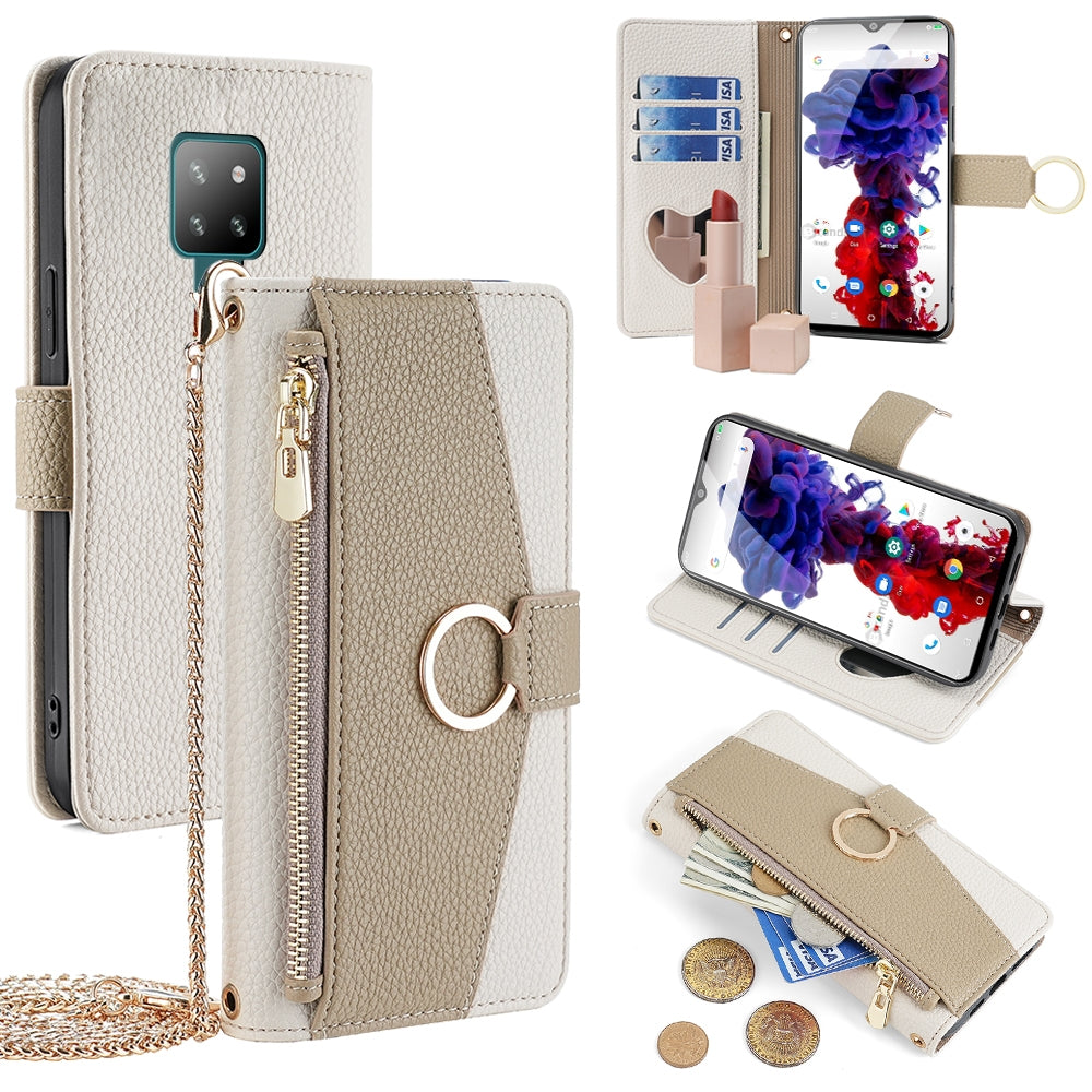 Cubot P30 Crossbody Phone Case with Litchi Texture Leather, Adjustable Kickstand, Card Slots, Zipper Purse, Makeup Mirror, and TPU Protection