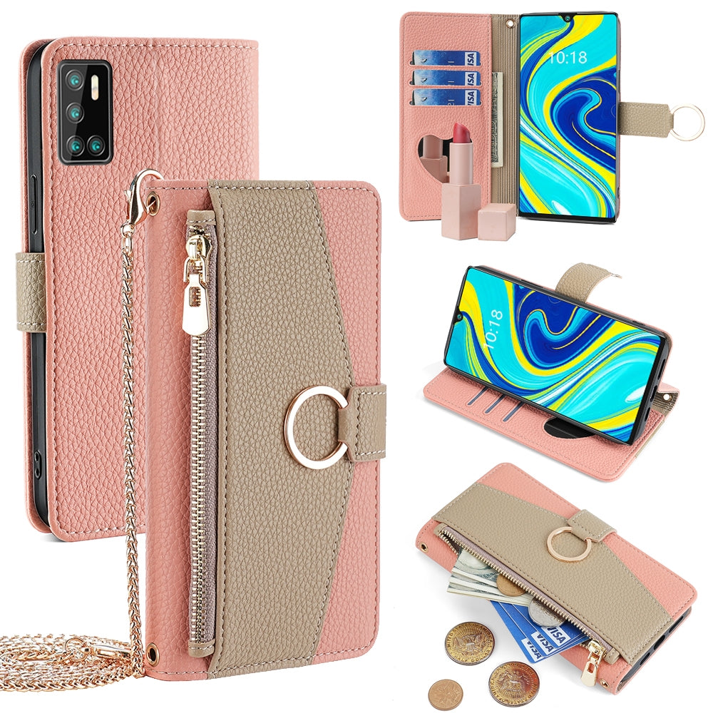 Cubot P40 Crossbody Phone Case with Litchi Texture Leather, Adjustable Kickstand, Card Slots, Zipper Purse, Makeup Mirror, and TPU Protection