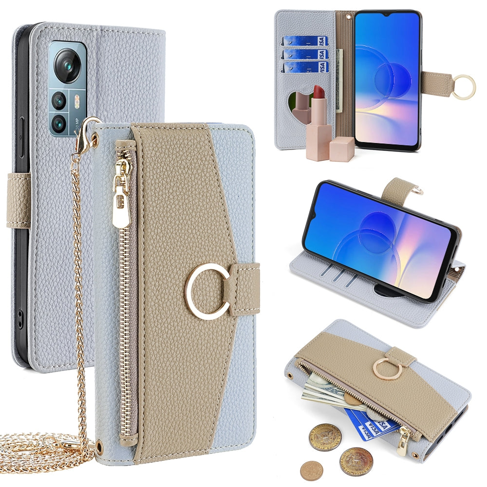 Blackview A85 Crossbody Phone Case with Litchi Texture Leather, Adjustable Kickstand, Card Slots, Zipper Purse, Makeup Mirror, and TPU Protection