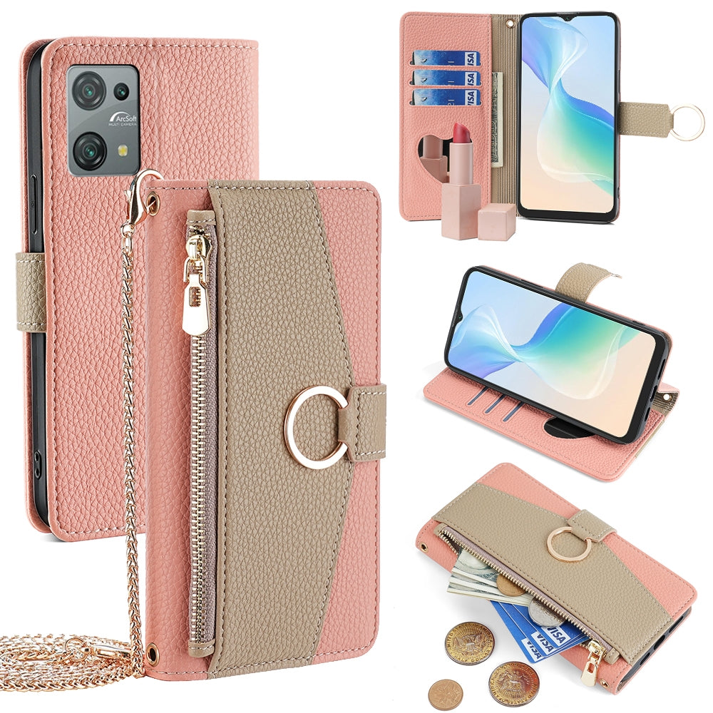 Blackview Oscal C30/C30 Pro Crossbody Phone Case with Litchi Texture Leather, Adjustable Kickstand, Card Slots, Zipper Purse, Makeup Mirror, and TPU Protection