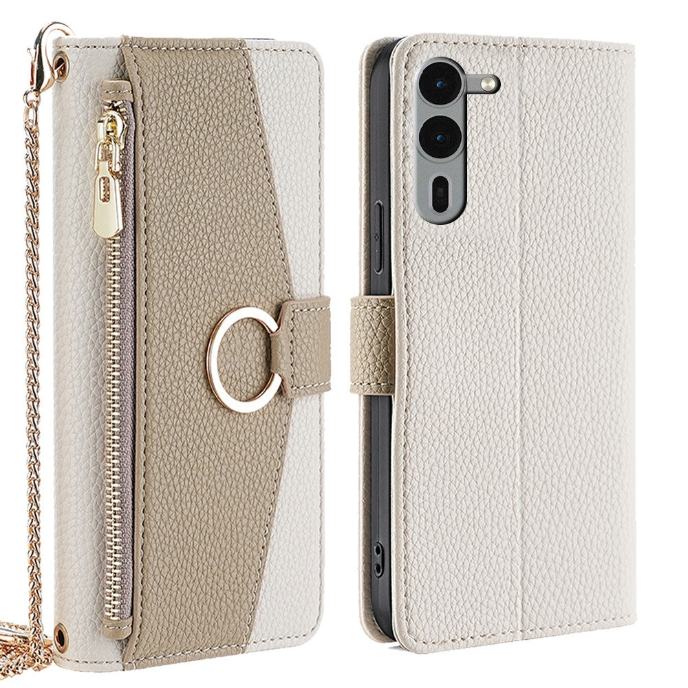 Fujitsu Arrows We2 Plus Crossbody Phone Case with Litchi Texture Leather, Adjustable Kickstand, Card Slots, Zipper Purse, Makeup Mirror, and TPU Protection