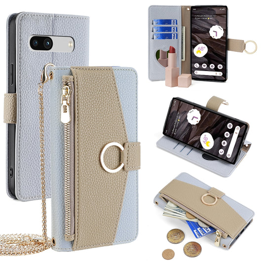 Google Pixel 7a Crossbody Phone Case with Litchi Texture Leather, Adjustable Kickstand, Card Slots, Zipper Purse, Makeup Mirror, and TPU Protection