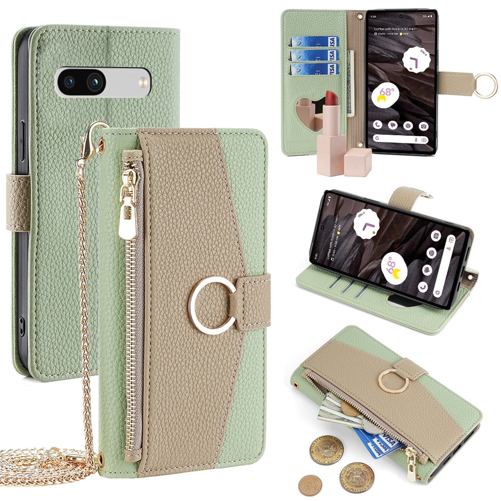 Google Pixel 7a Crossbody Phone Case with Litchi Texture Leather, Adjustable Kickstand, Card Slots, Zipper Purse, Makeup Mirror, and TPU Protection