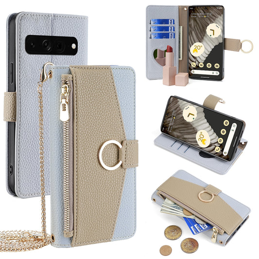 Google Pixel 7 Pro Crossbody Phone Case with Litchi Texture Leather, Adjustable Kickstand, Card Slots, Zipper Purse, Makeup Mirror, and TPU Protection