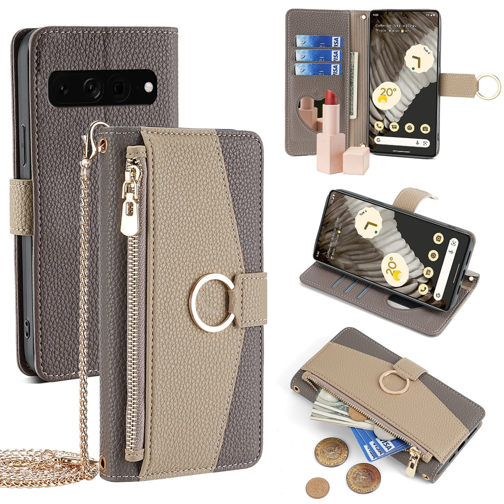 Google Pixel 7 Pro Crossbody Phone Case with Litchi Texture Leather, Adjustable Kickstand, Card Slots, Zipper Purse, Makeup Mirror, and TPU Protection