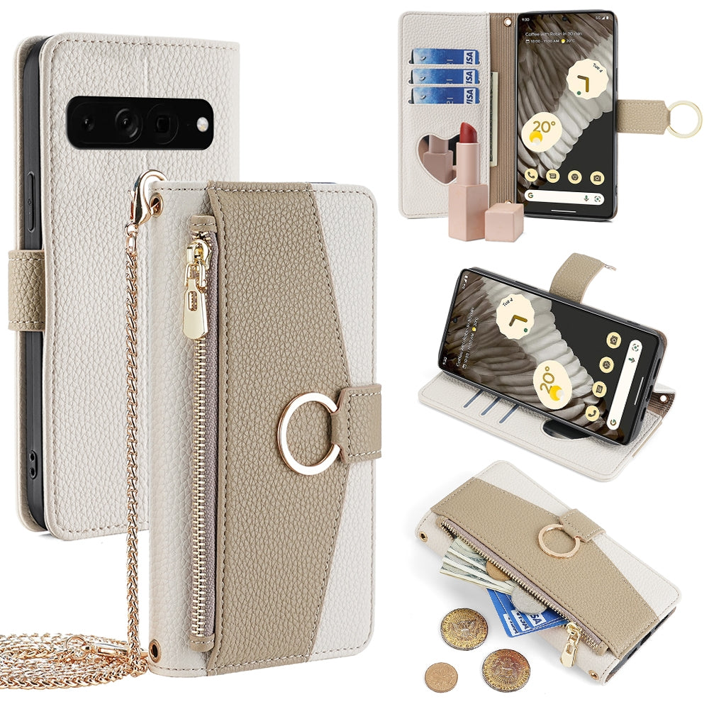 Google Pixel 7 Pro Crossbody Phone Case with Litchi Texture Leather, Adjustable Kickstand, Card Slots, Zipper Purse, Makeup Mirror, and TPU Protection