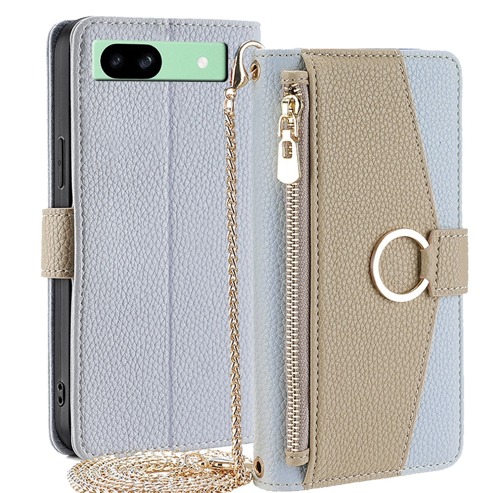 Google Pixel 8a Crossbody Phone Case with Litchi Texture Leather, Adjustable Kickstand, Card Slots, Zipper Purse, Makeup Mirror, and TPU Protection