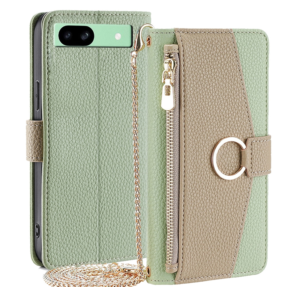 Google Pixel 8a Crossbody Phone Case with Litchi Texture Leather, Adjustable Kickstand, Card Slots, Zipper Purse, Makeup Mirror, and TPU Protection