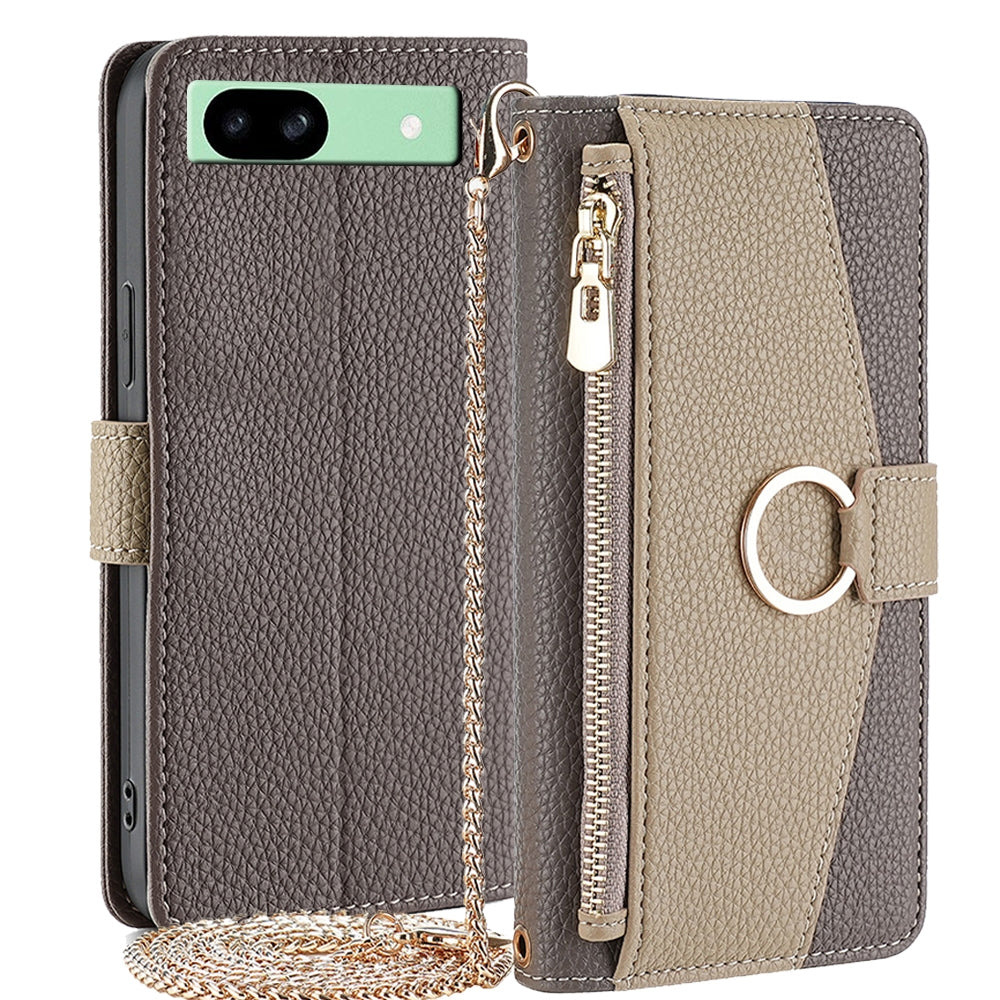Google Pixel 8a Crossbody Phone Case with Litchi Texture Leather, Adjustable Kickstand, Card Slots, Zipper Purse, Makeup Mirror, and TPU Protection