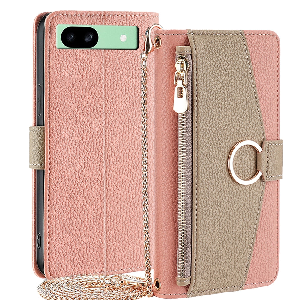 Google Pixel 8a Crossbody Phone Case with Litchi Texture Leather, Adjustable Kickstand, Card Slots, Zipper Purse, Makeup Mirror, and TPU Protection