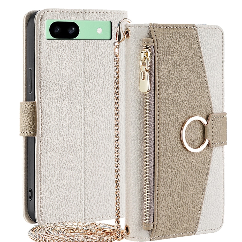 Google Pixel 8a Crossbody Phone Case with Litchi Texture Leather, Adjustable Kickstand, Card Slots, Zipper Purse, Makeup Mirror, and TPU Protection