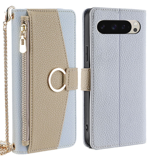 Google Pixel 9 Crossbody Phone Case with Litchi Texture Leather, Adjustable Kickstand, Card Slots, Zipper Purse, Makeup Mirror, and TPU Protection