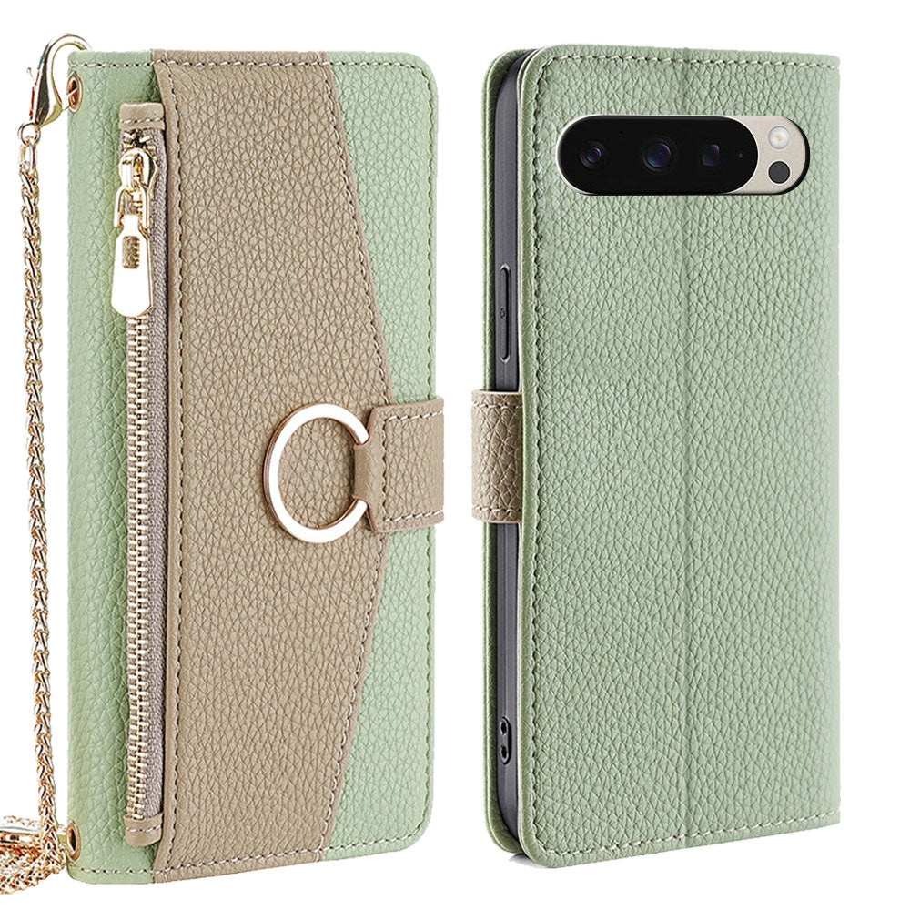 Google Pixel 9 Crossbody Phone Case with Litchi Texture Leather, Adjustable Kickstand, Card Slots, Zipper Purse, Makeup Mirror, and TPU Protection