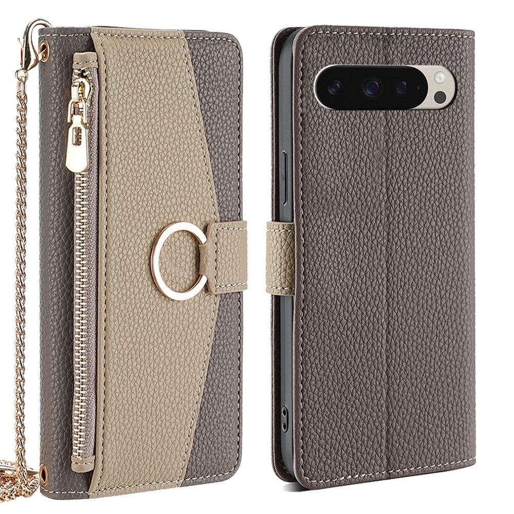 Google Pixel 9 Crossbody Phone Case with Litchi Texture Leather, Adjustable Kickstand, Card Slots, Zipper Purse, Makeup Mirror, and TPU Protection