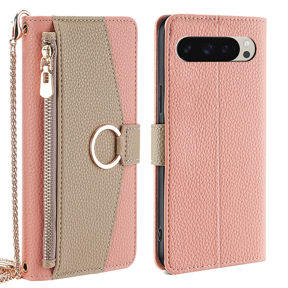 Google Pixel 9 Crossbody Phone Case with Litchi Texture Leather, Adjustable Kickstand, Card Slots, Zipper Purse, Makeup Mirror, and TPU Protection