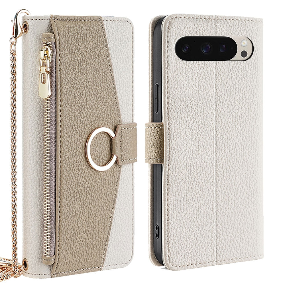 Google Pixel 9 Crossbody Phone Case with Litchi Texture Leather, Adjustable Kickstand, Card Slots, Zipper Purse, Makeup Mirror, and TPU Protection