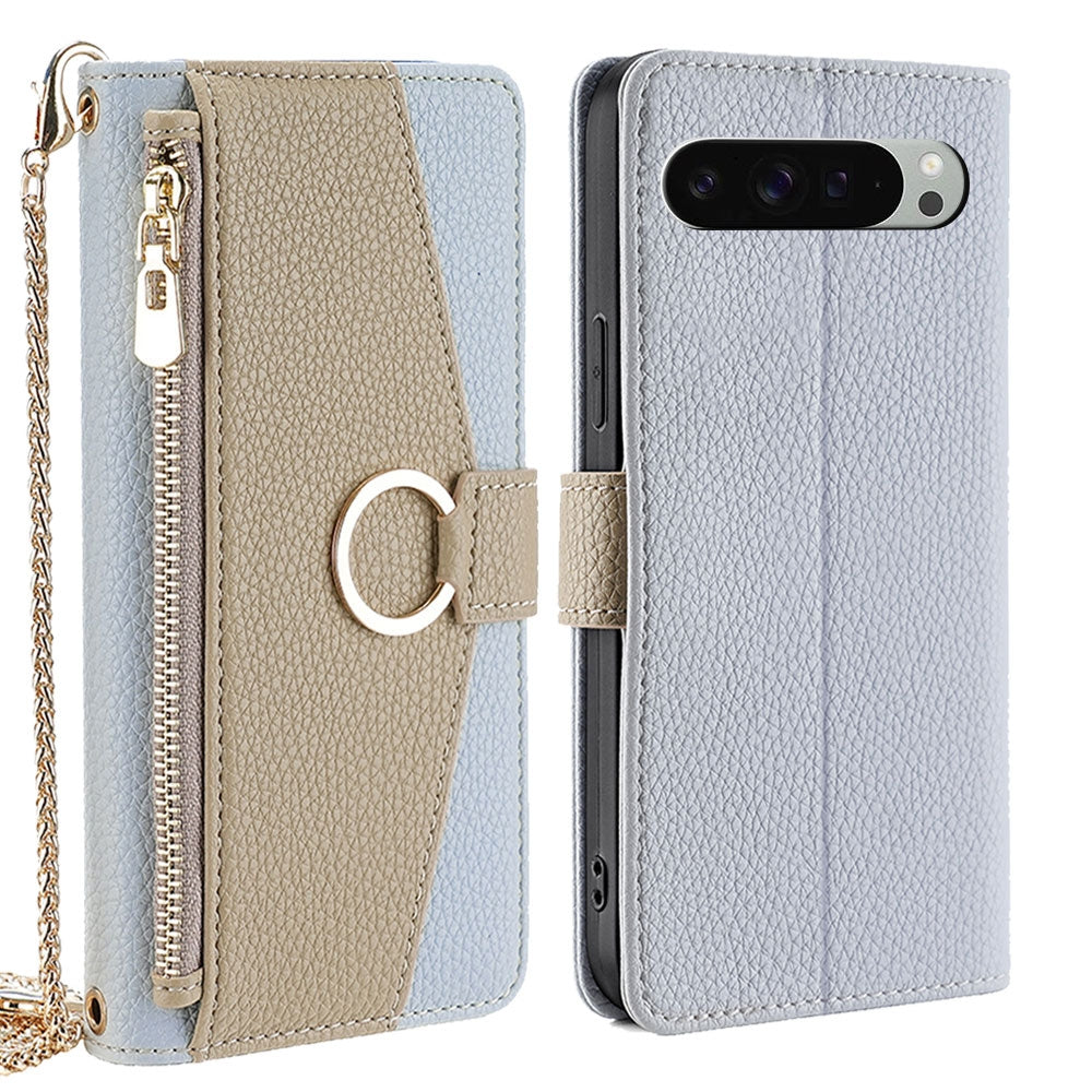Google Pixel 9 Pro XL Crossbody Phone Case with Litchi Texture Leather, Adjustable Kickstand, Card Slots, Zipper Purse, Makeup Mirror, and TPU Protection