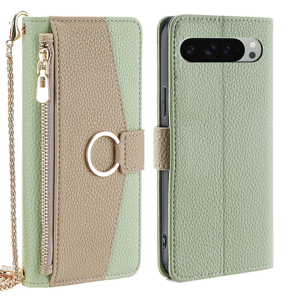 Google Pixel 9 Pro XL Crossbody Phone Case with Litchi Texture Leather, Adjustable Kickstand, Card Slots, Zipper Purse, Makeup Mirror, and TPU Protection
