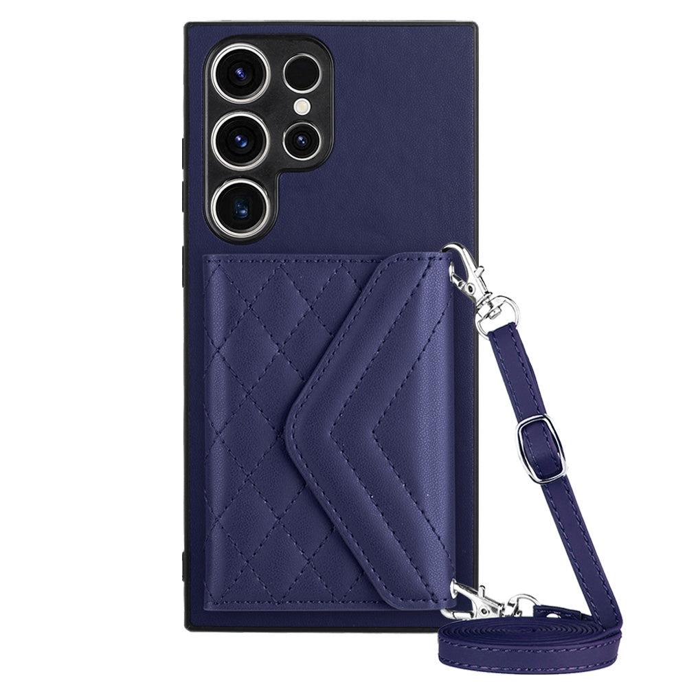 For Samsung Galaxy S23 Ultra 5G Case - Rhombic Texture, RFID Blocking Wallet, Durable PU Leather with Lanyard
