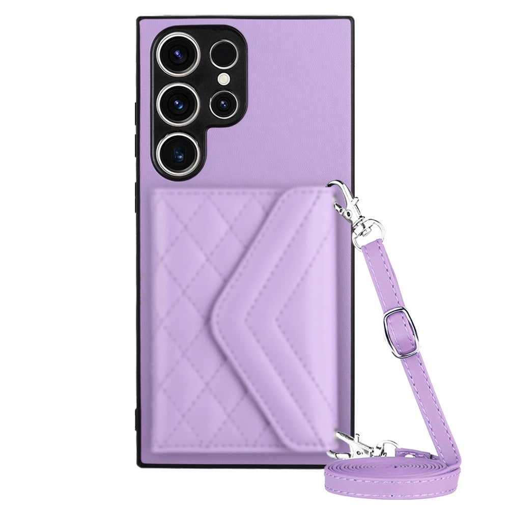 For Samsung Galaxy S23 Ultra 5G Case - Rhombic Texture, RFID Blocking Wallet, Durable PU Leather with Lanyard