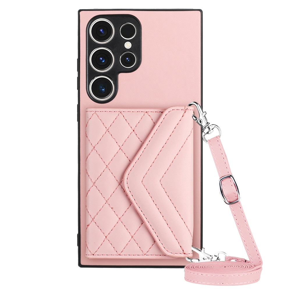 For Samsung Galaxy S23 Ultra 5G Case - Rhombic Texture, RFID Blocking Wallet, Durable PU Leather with Lanyard