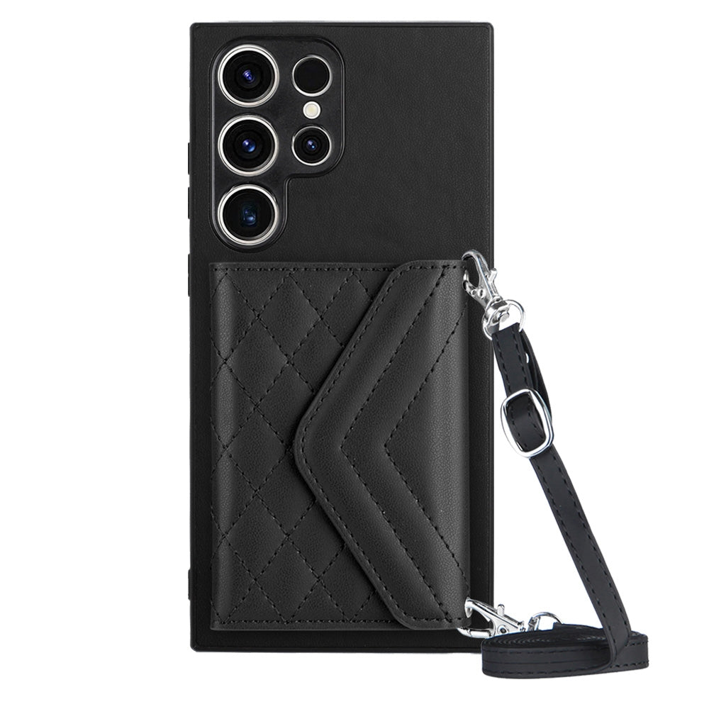 For Samsung Galaxy S23 Ultra 5G Case - Rhombic Texture, RFID Blocking Wallet, Durable PU Leather with Lanyard