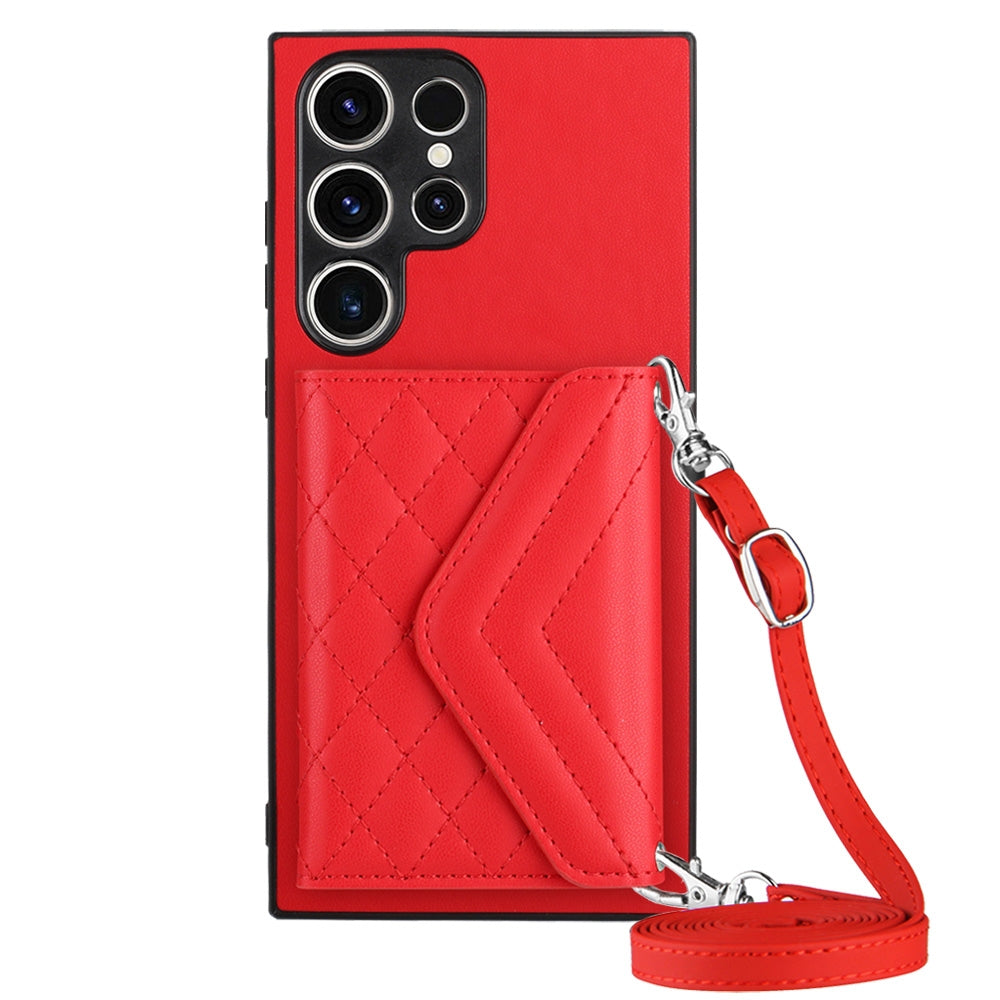 For Samsung Galaxy S23 Ultra 5G Case - Rhombic Texture, RFID Blocking Wallet, Durable PU Leather with Lanyard