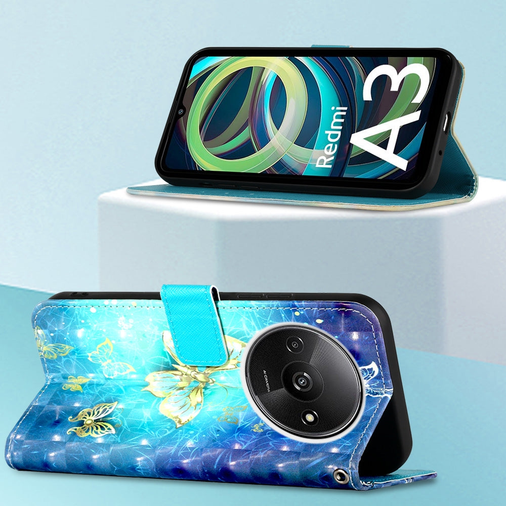 Xiaomi Redmi A3 Leather Flip Phone Case with 3D Painted Design, Card Holder, Wallet & Stand Function - Durable Protection & Easy Access
