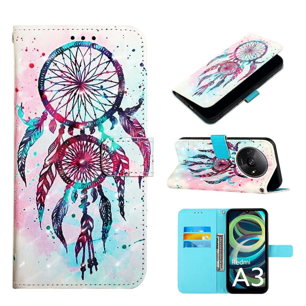 Xiaomi Redmi A3 Leather Flip Phone Case with 3D Painted Design, Card Holder, Wallet & Stand Function - Durable Protection & Easy Access