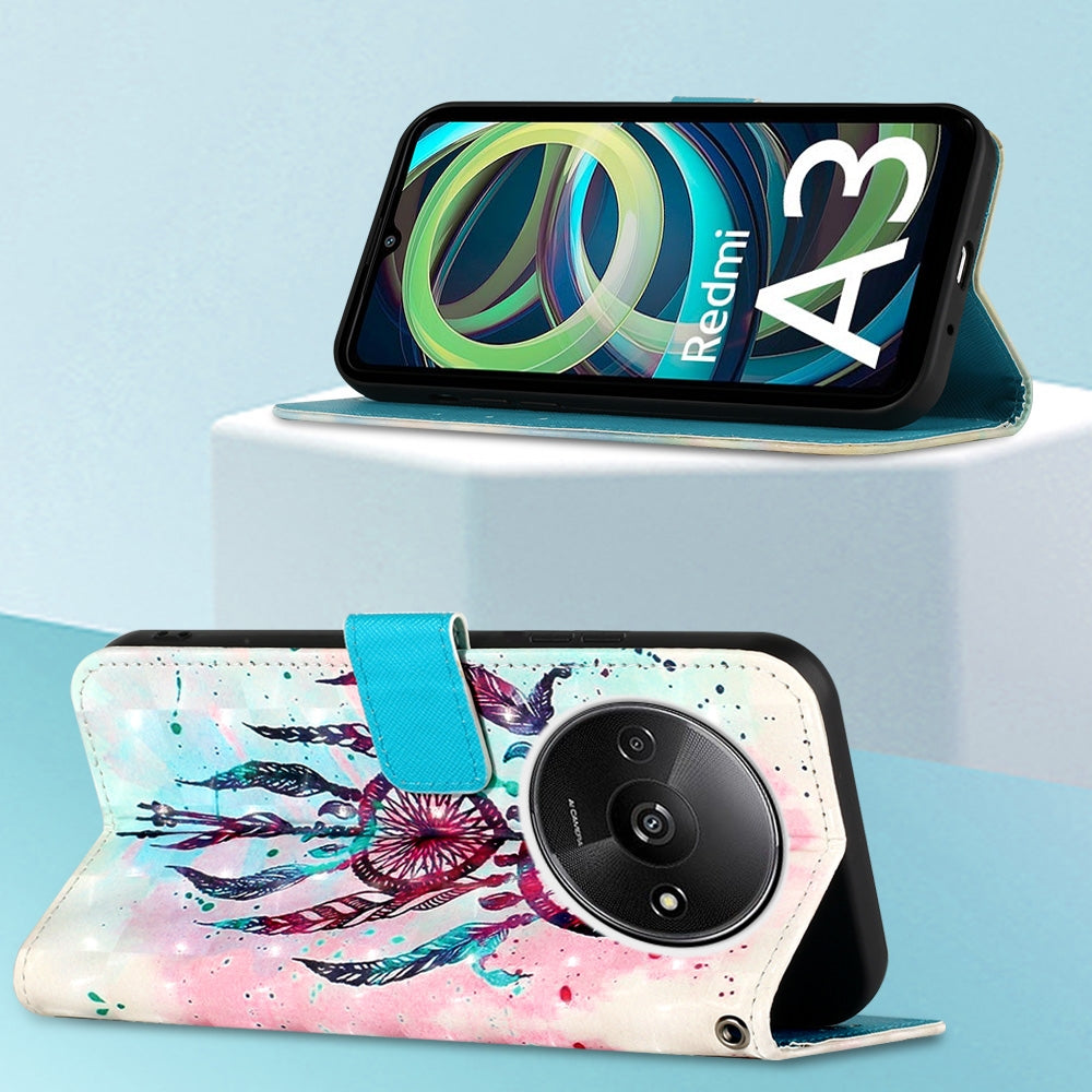 Xiaomi Redmi A3 Leather Flip Phone Case with 3D Painted Design, Card Holder, Wallet & Stand Function - Durable Protection & Easy Access