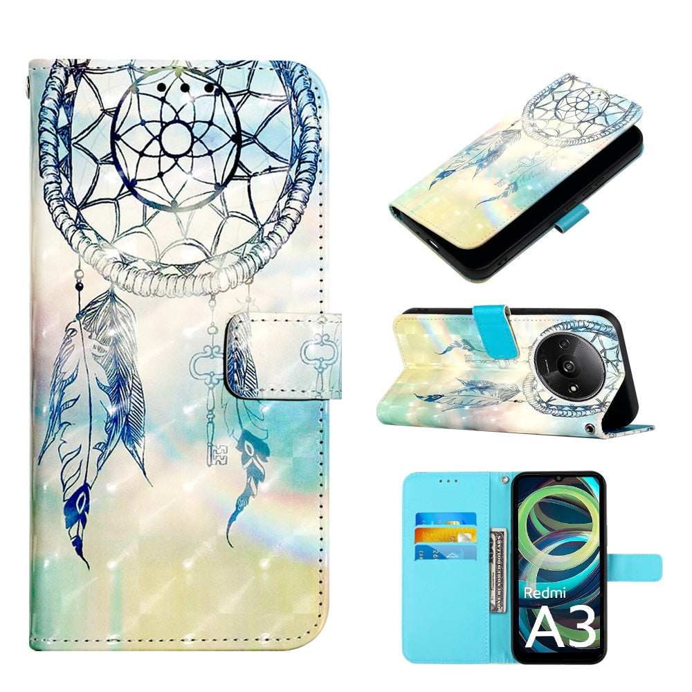 Xiaomi Redmi A3 Leather Flip Phone Case with 3D Painted Design, Card Holder, Wallet & Stand Function - Durable Protection & Easy Access