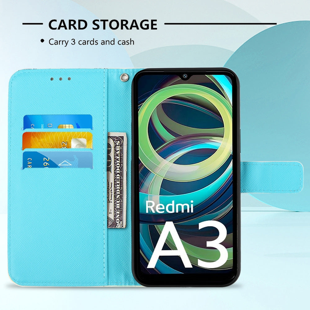 Xiaomi Redmi A3 Leather Flip Phone Case with 3D Painted Design, Card Holder, Wallet & Stand Function - Durable Protection & Easy Access