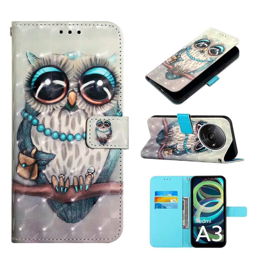 Xiaomi Redmi A3 Leather Flip Phone Case with 3D Painted Design, Card Holder, Wallet & Stand Function - Durable Protection & Easy Access