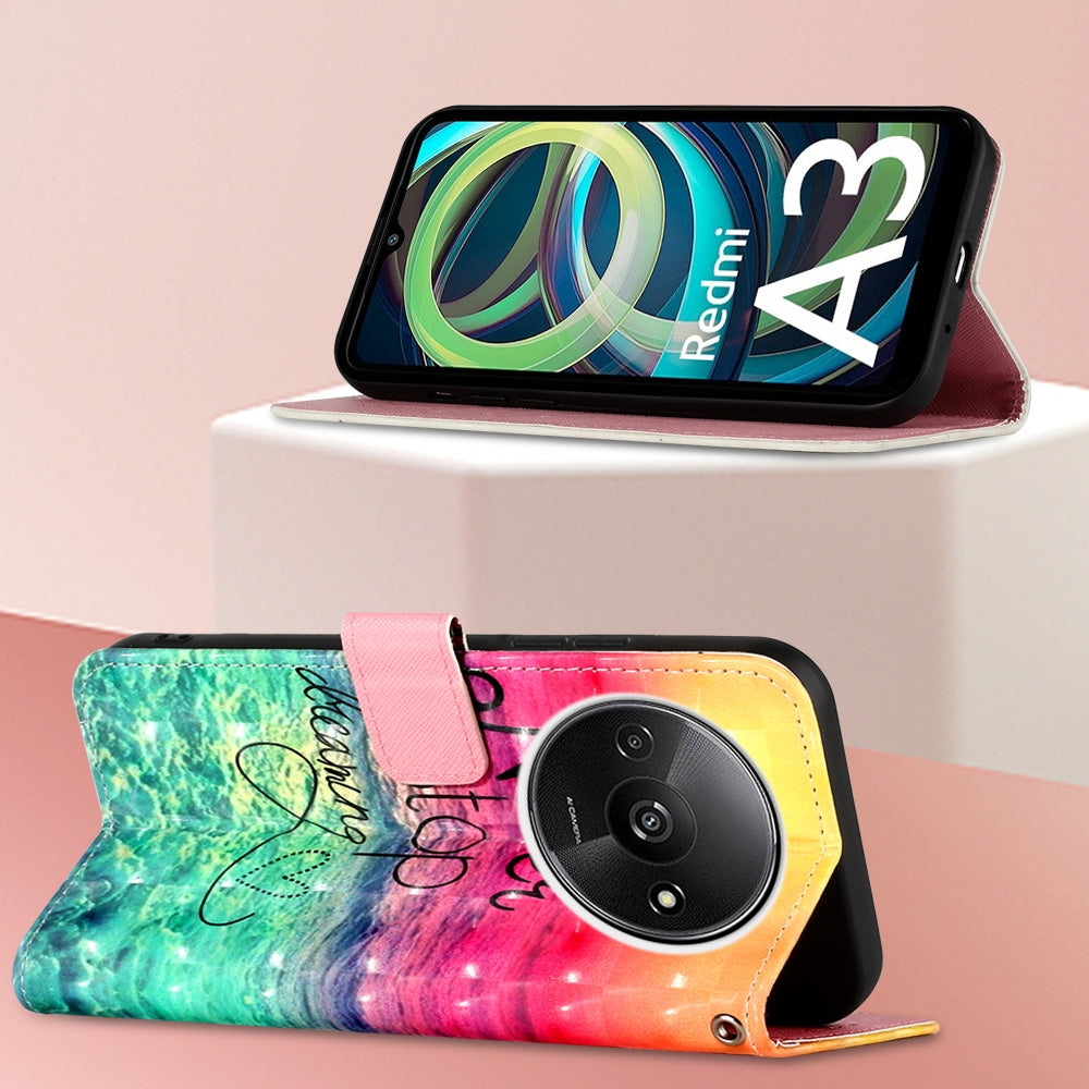 Xiaomi Redmi A3 Leather Flip Phone Case with 3D Painted Design, Card Holder, Wallet & Stand Function - Durable Protection & Easy Access