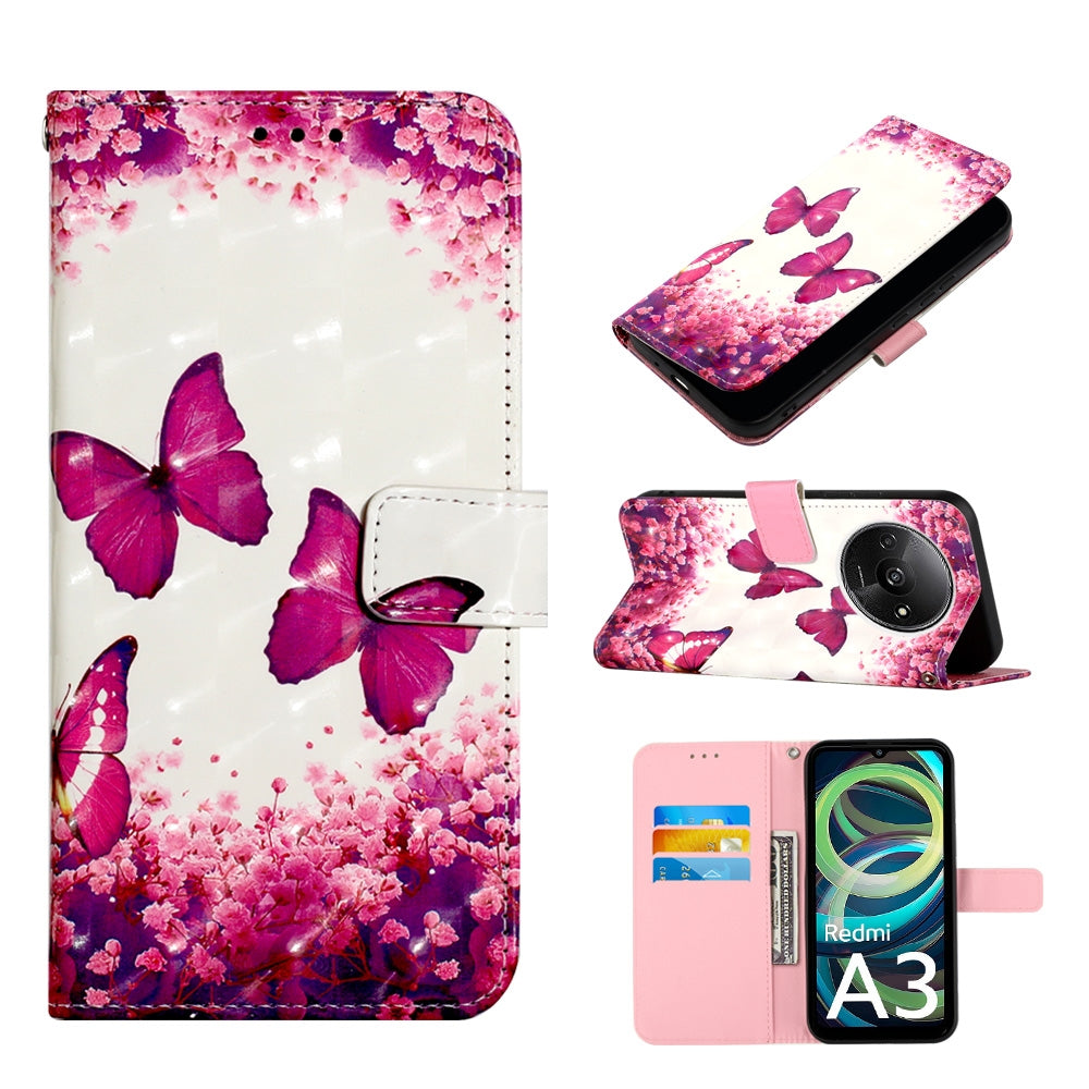 Xiaomi Redmi A3 Leather Flip Phone Case with 3D Painted Design, Card Holder, Wallet & Stand Function - Durable Protection & Easy Access