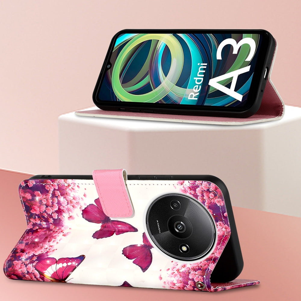 Xiaomi Redmi A3 Leather Flip Phone Case with 3D Painted Design, Card Holder, Wallet & Stand Function - Durable Protection & Easy Access