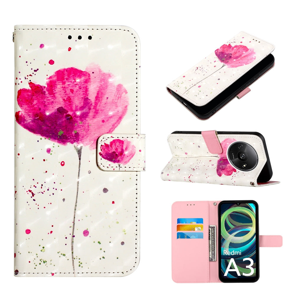 Xiaomi Redmi A3 Leather Flip Phone Case with 3D Painted Design, Card Holder, Wallet & Stand Function - Durable Protection & Easy Access