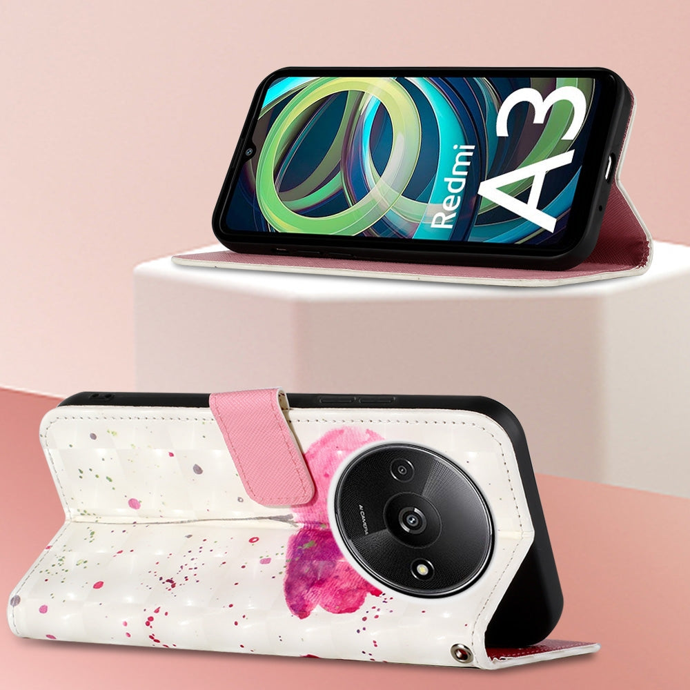 Xiaomi Redmi A3 Leather Flip Phone Case with 3D Painted Design, Card Holder, Wallet & Stand Function - Durable Protection & Easy Access