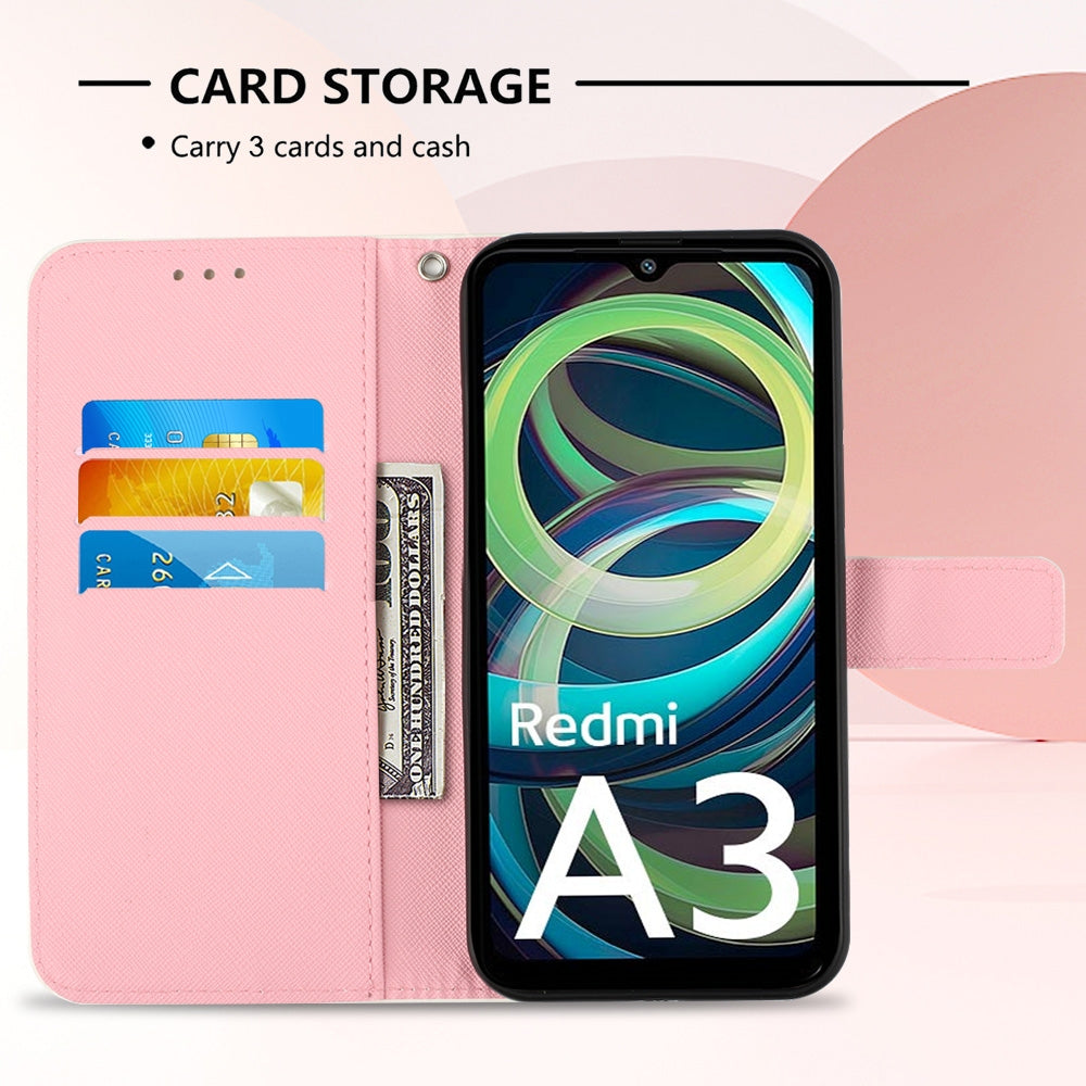 Xiaomi Redmi A3 Leather Flip Phone Case with 3D Painted Design, Card Holder, Wallet & Stand Function - Durable Protection & Easy Access