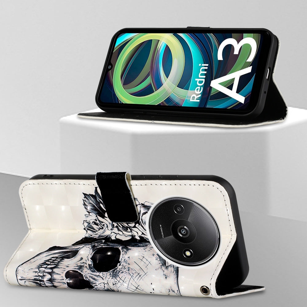 Xiaomi Redmi A3 Leather Flip Phone Case with 3D Painted Design, Card Holder, Wallet & Stand Function - Durable Protection & Easy Access
