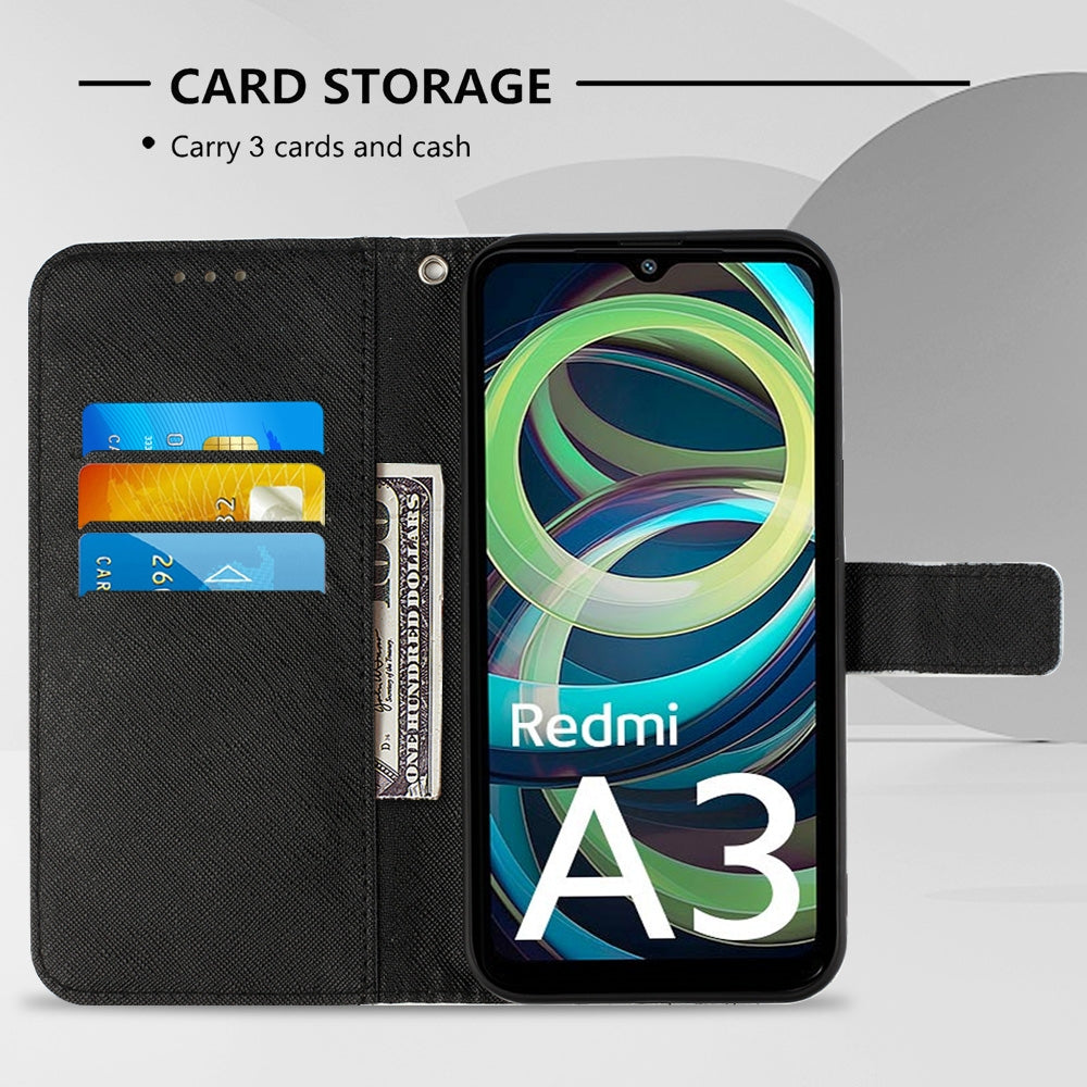 Xiaomi Redmi A3 Leather Flip Phone Case with 3D Painted Design, Card Holder, Wallet & Stand Function - Durable Protection & Easy Access