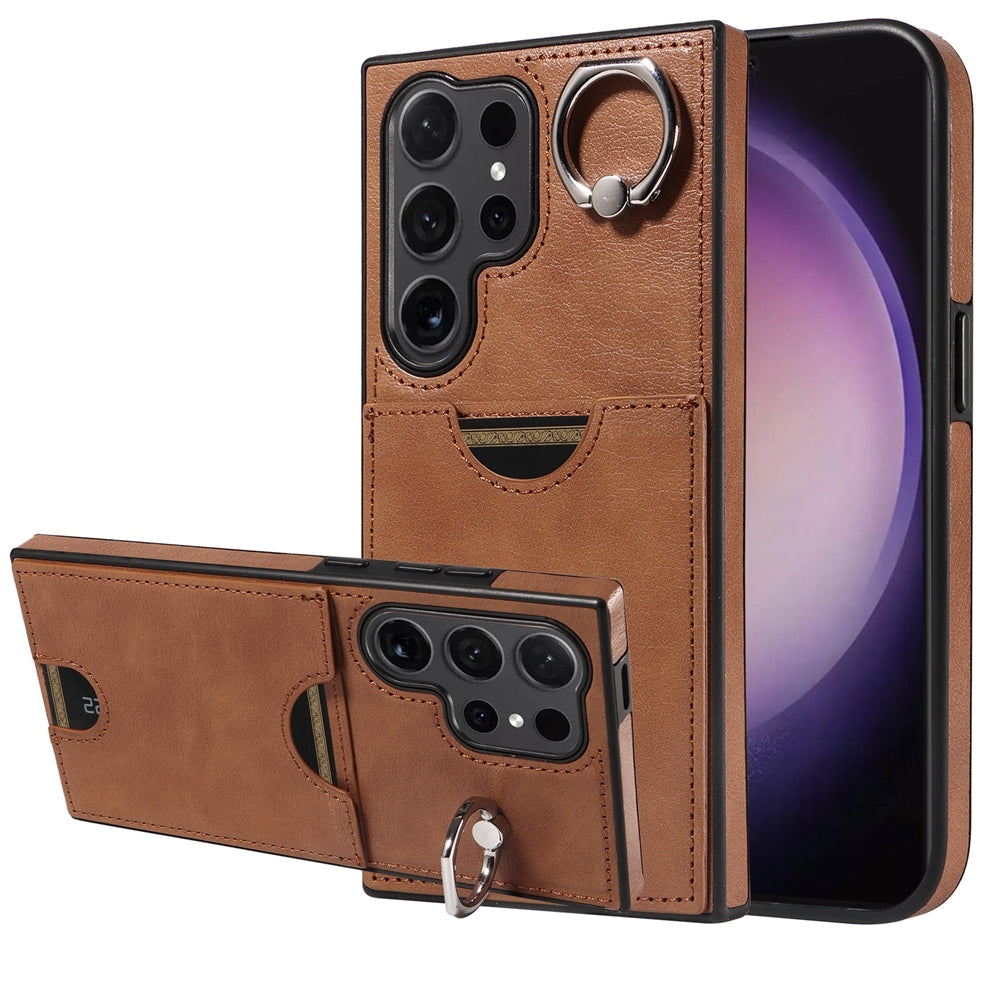For Samsung Galaxy S24 Ultra 5G Calf Texture Phone Case with Card Slot & Ring Holder