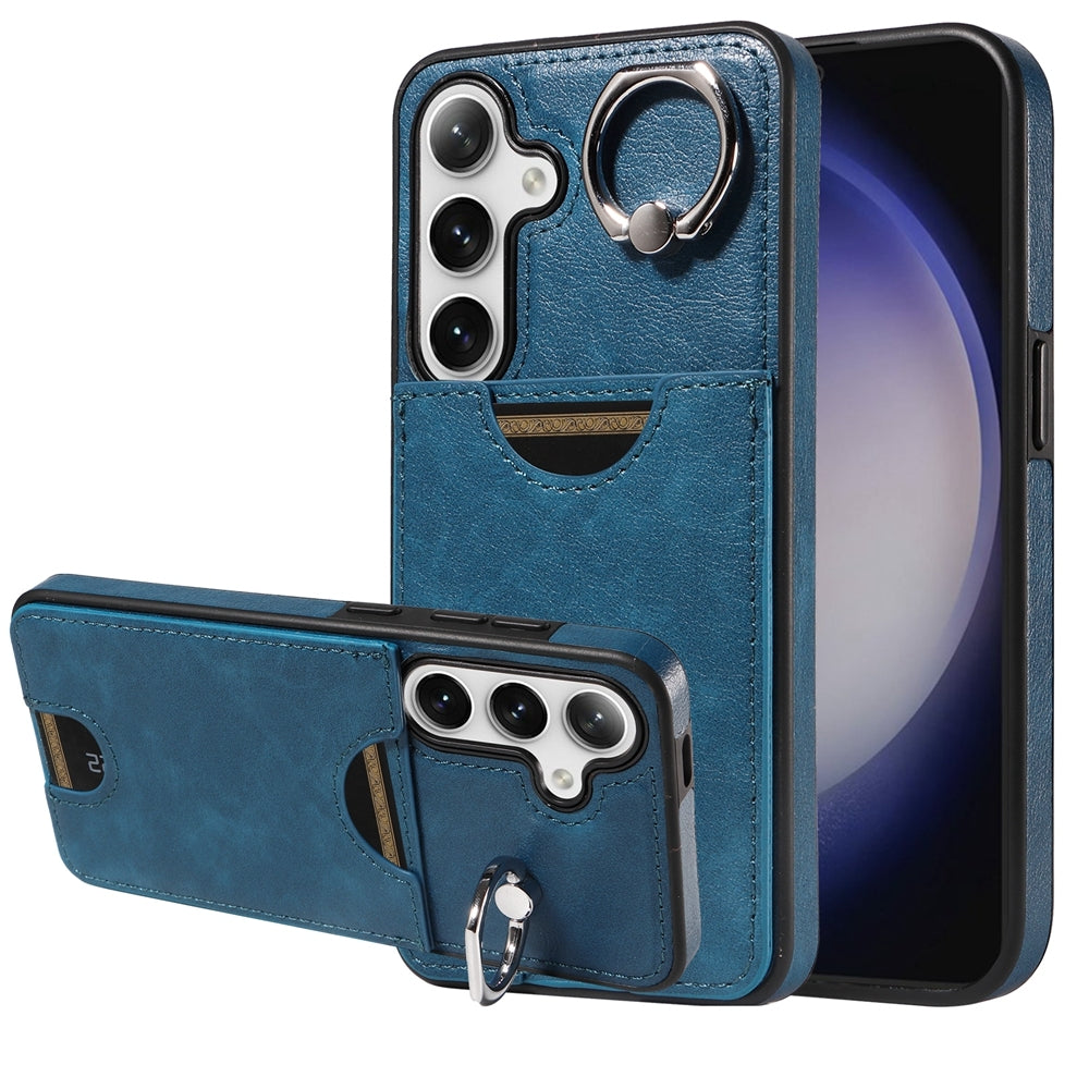 For Samsung Galaxy S24 5G Calf Texture Card Slot Ring Holder Phone Case