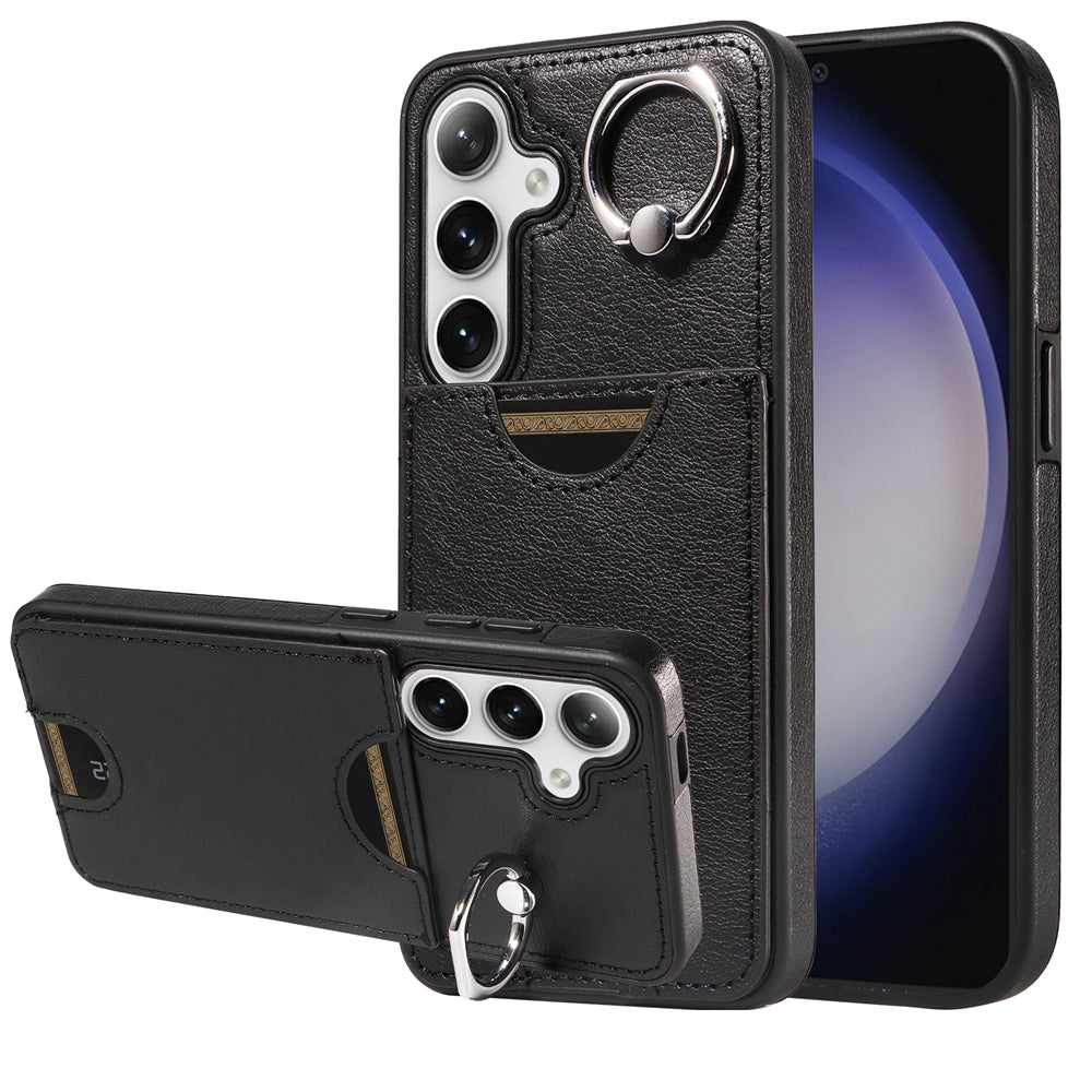 For Samsung Galaxy S24 5G Calf Texture Card Slot Ring Holder Phone Case