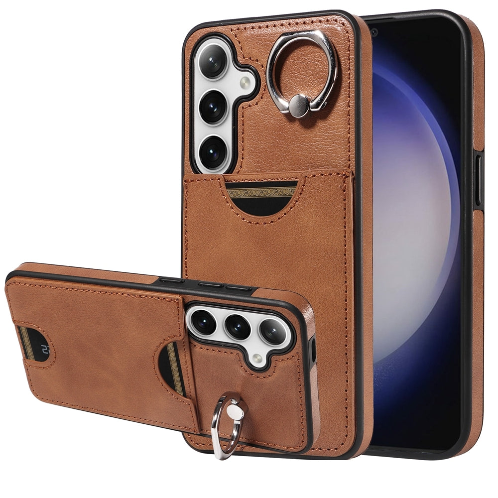 For Samsung Galaxy S24 5G Calf Texture Card Slot Ring Holder Phone Case