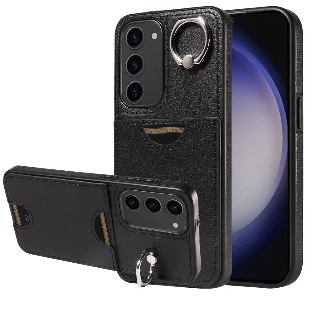 For Samsung Galaxy S23+ 5G Calf Texture Card Slot Ring Holder Phone Case
